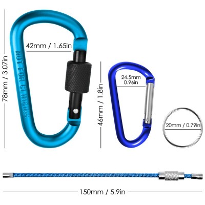 10 Pack Aluminum D-ring Carabiners D Shape Keychain Clips Hook Buckle Spring-Loaded Gate for Camping Hiking Fishing, with 10 Stainless Steel Wire Keychains, 10 Key Rings – Multi-Color