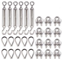 6-Pcs Turnbuckle Tension Wire Rope With Eye&Hook (M6), 12-Pcs 1/8 Inch Wire Rope Cable Clip Clamp (M3), 10-Pcs Thimble (M3), Stainless Steel Kit